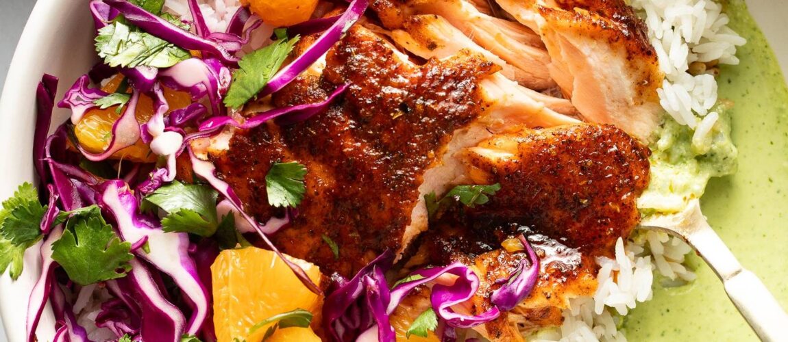 Chipotle Salmon with Orange Salsa and Aji Verde