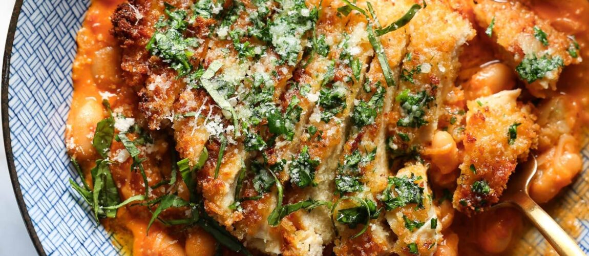 Garlic Butter Crispy Chicken on Creamy Beans